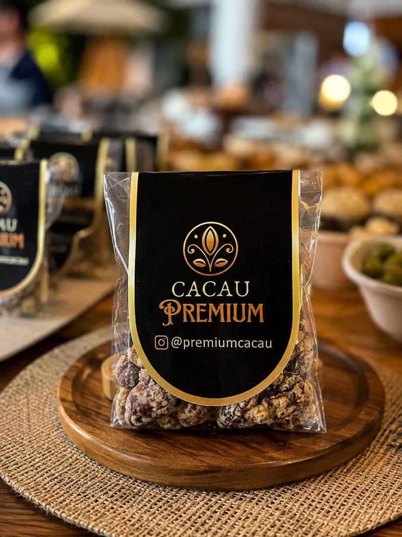 Sachês de cacau embalados com a tag da Cacau Premium, prontos para entrega